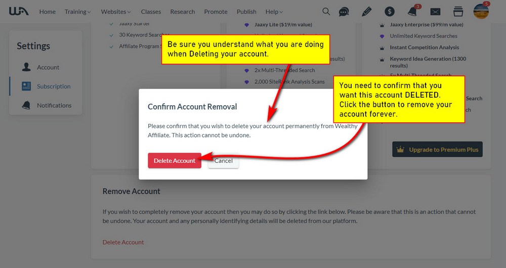 screen print of step 4 to delete an account