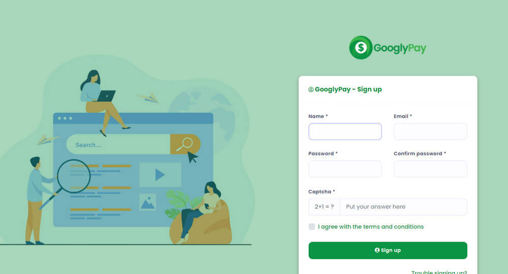 screen print of GooglyPay create account web page
