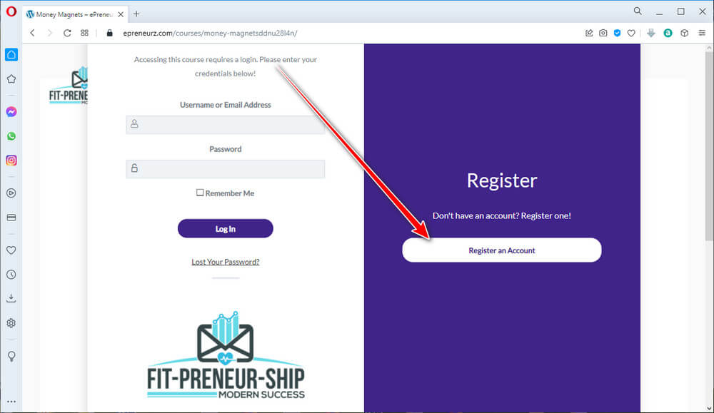 screen print of vendor's popup form to register