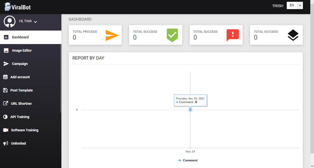 screen print of ViralBot dashboard