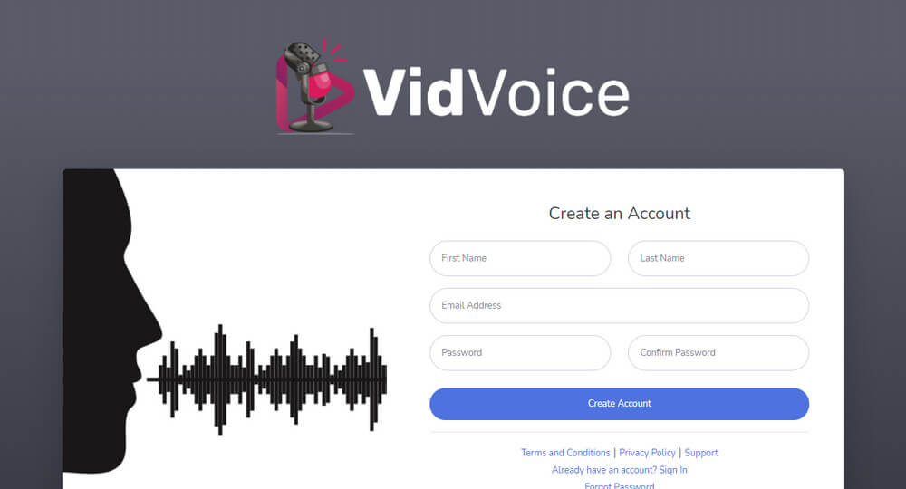 screen print of VidVoice create an account web page