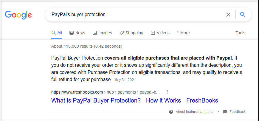 screen print of Google Featured image explaining PayPal's buyer protection