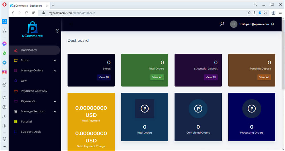 screen print of the pCommerce app Dashboard