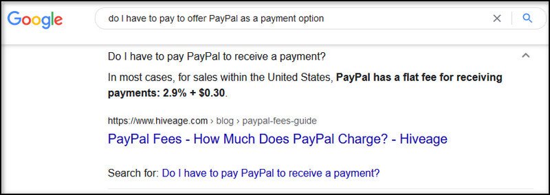 screen print of Google search result explaining payment needed when offering buyers the use of PayPal from your store