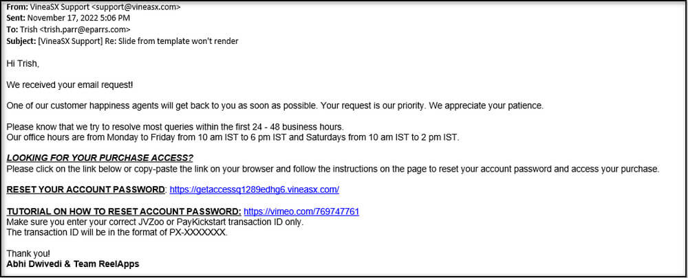 screen print of email received from the StoryReel autoresponder support ticket forum
