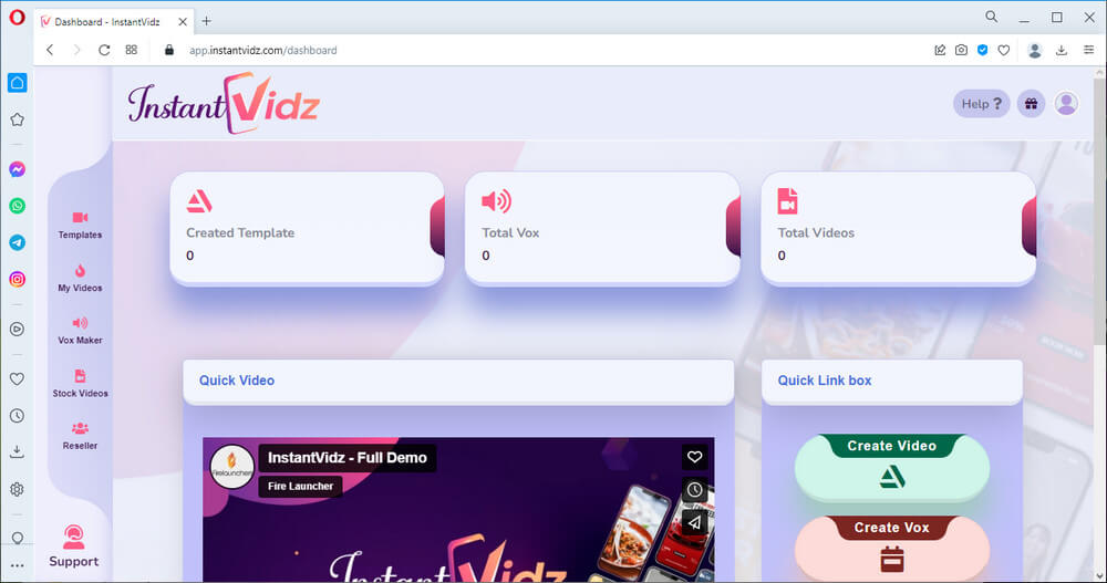 screen print of InstantVidz Dashboard