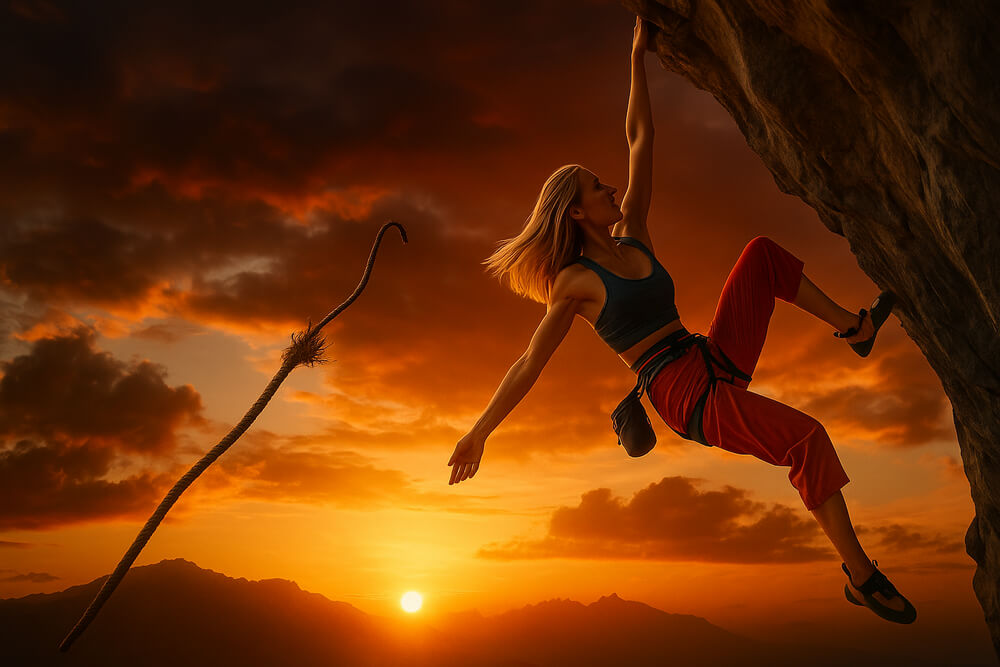 Blonde female climber struggling to hold on – symbolic of broken trust